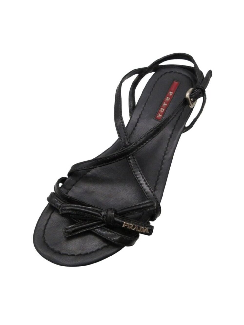 Prada Sandals Wedge Sole Ribbon Cross Strap Logo Patent Leather Black
